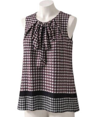 Tommy Hilfiger Black Burgundy White Sleeveless Houndstooth Bow Tie Blouse Top
